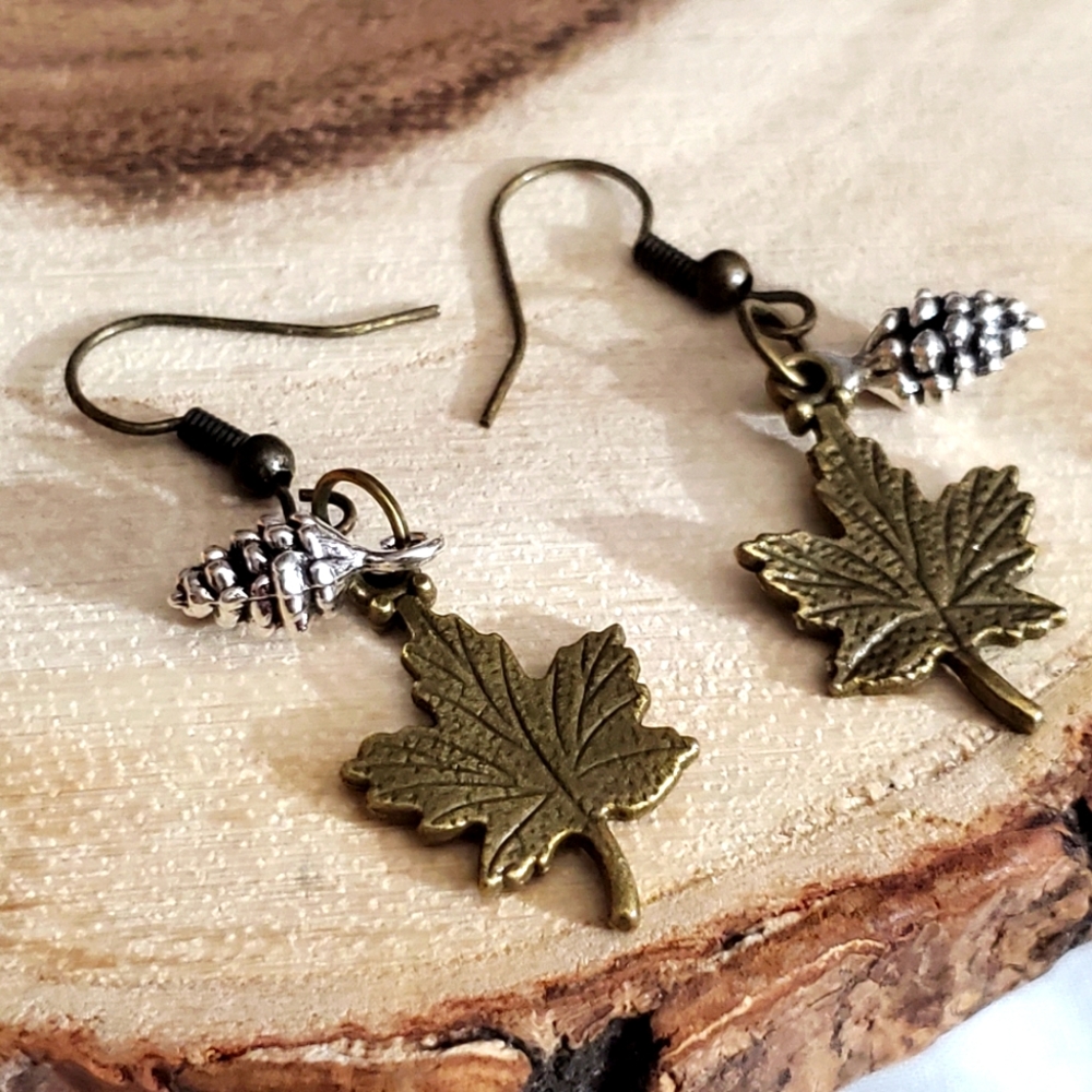 Maple leaf pinecone earrings bronze silver fall autumn Thanksgiving handmade New